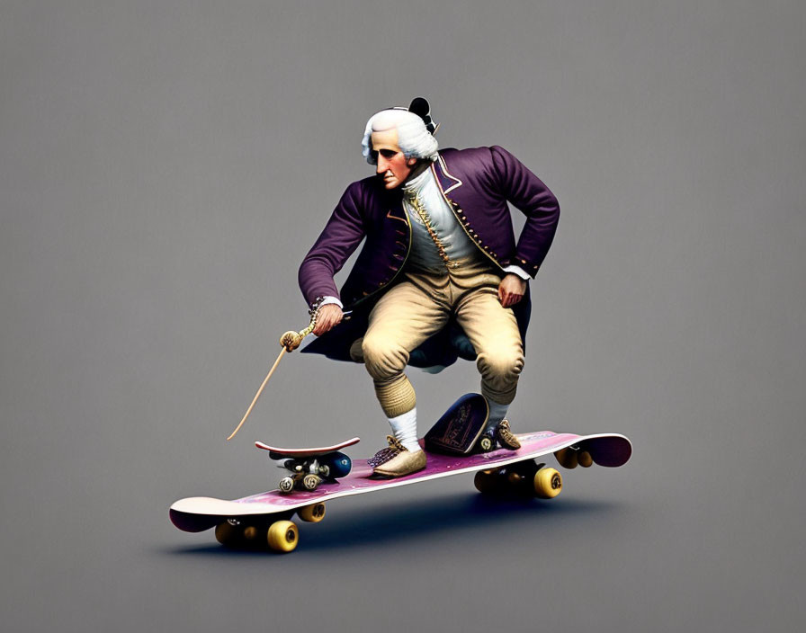 Digital artwork: Historical figure in 18th-century attire skateboarding trick