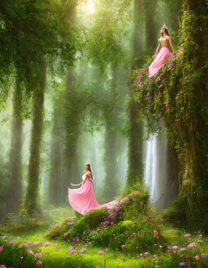 Enchanting forest scene with two women in pink dresses amid mist and waterfall