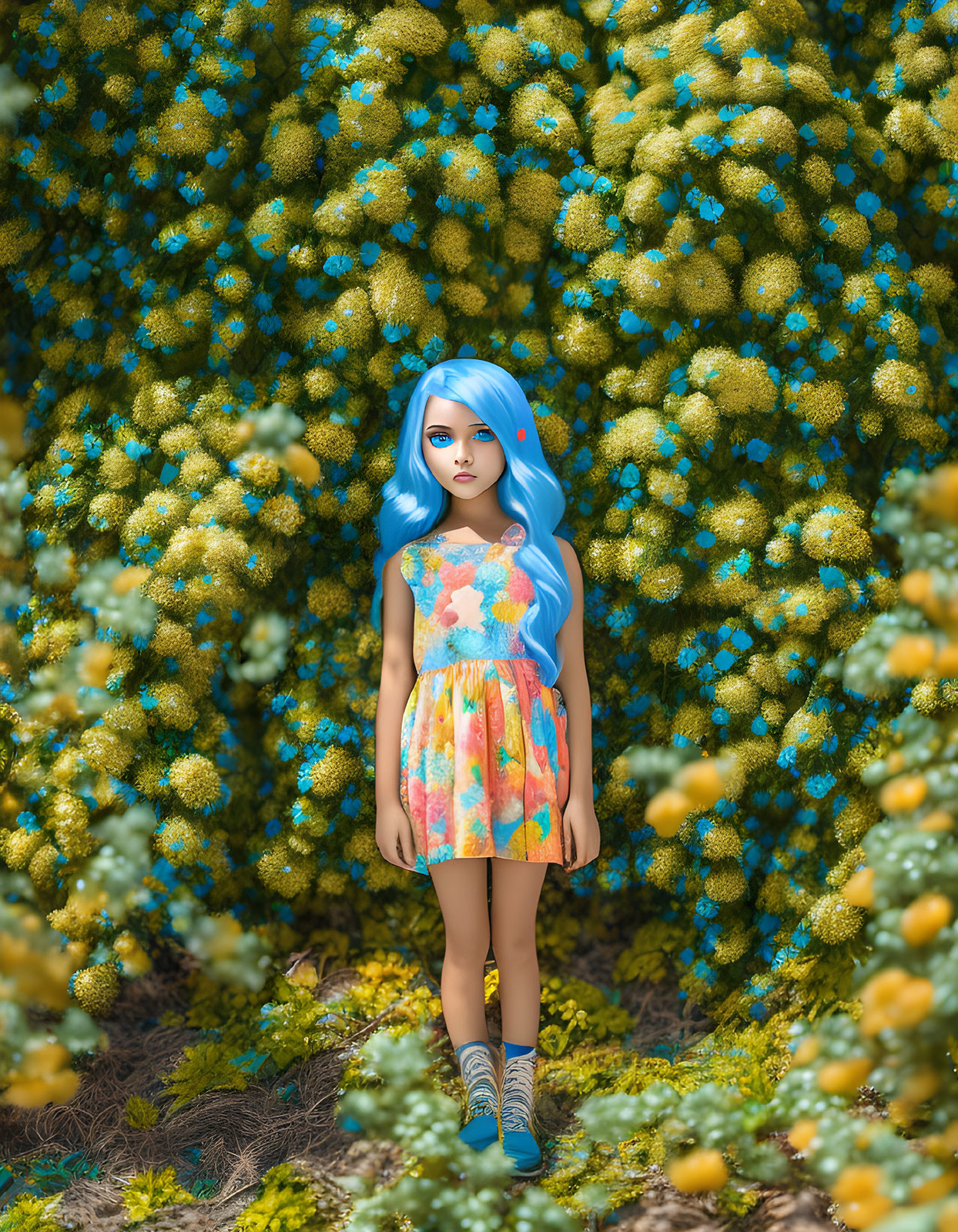 Colorful digital artwork: girl with blue hair in vibrant dress by yellow flowering bushes