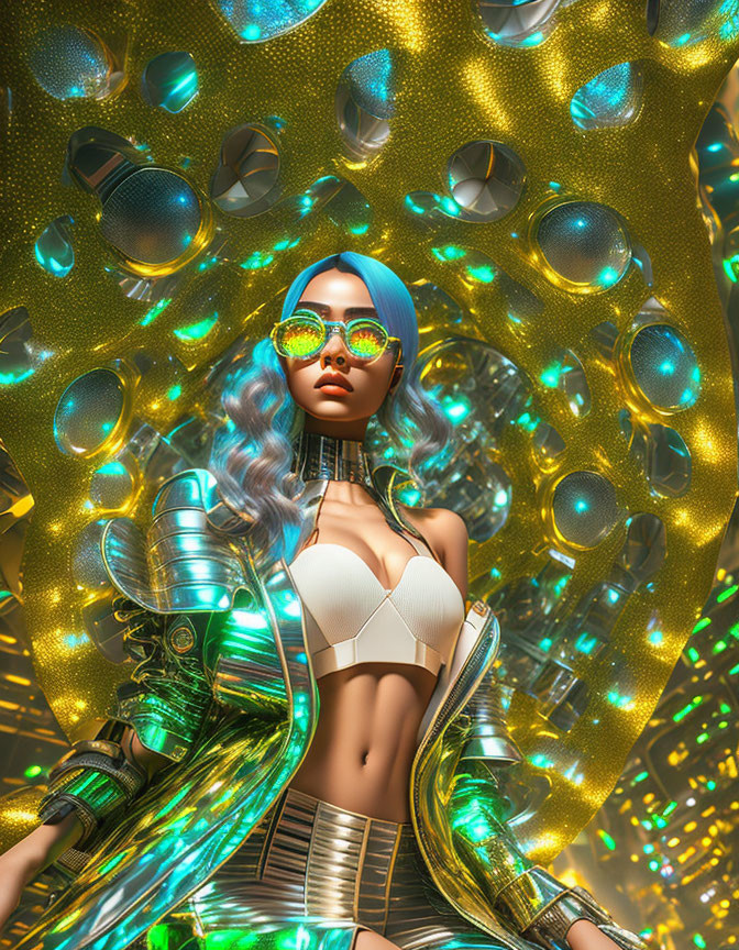 Futuristic digital artwork of woman with blue hair in reflective sunglasses