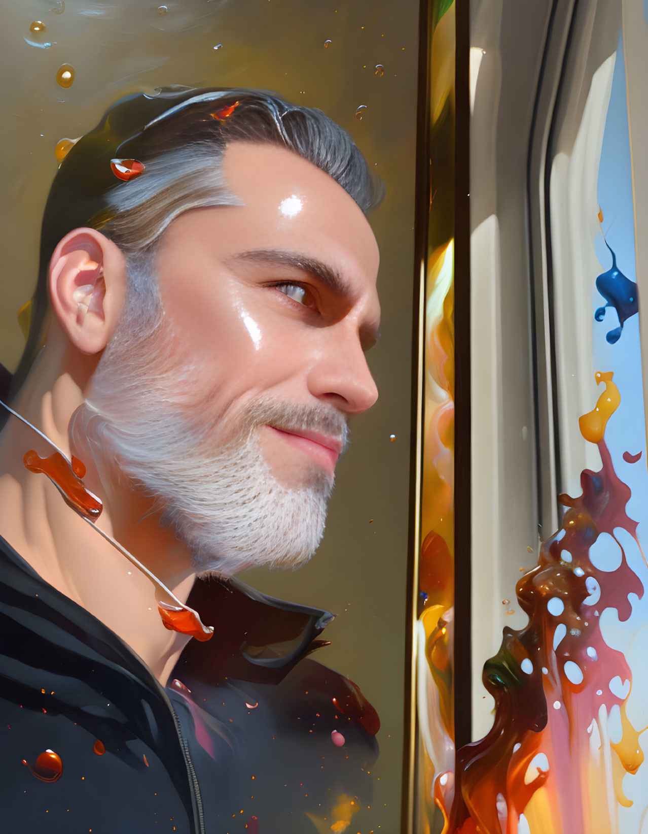 Grey-haired man with beard smiling next to abstract paint splash on window