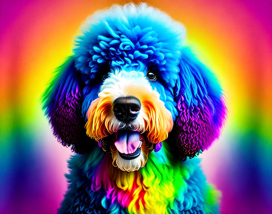 Colorful Fluffy Dog Against Vibrant Rainbow Background