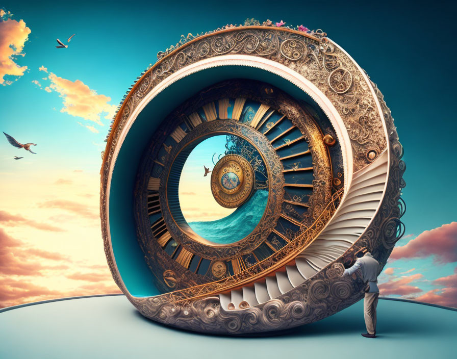 Surreal nautilus shell staircase under sunset sky