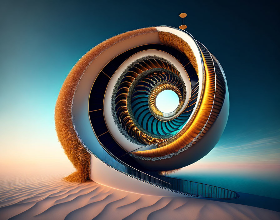 Surreal spiraled structure in golden and brown hues under tranquil blue sky
