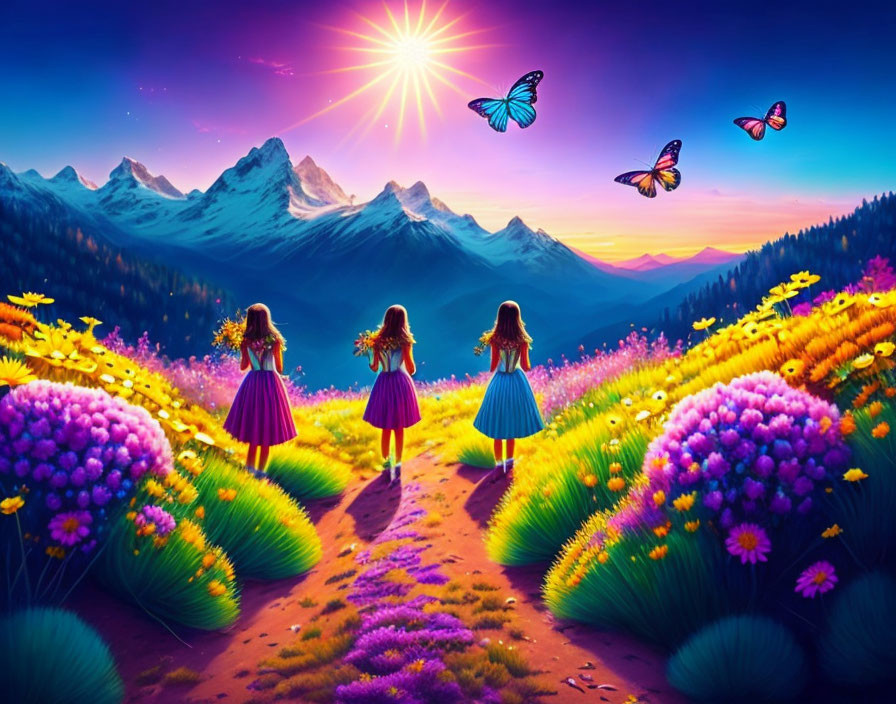 Three girls walking in vibrant meadow towards snowy mountains at sunset