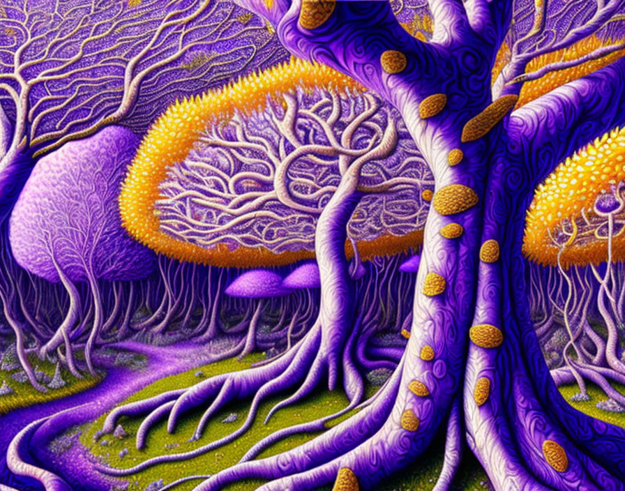 Surreal landscape with purple trees and golden spore-like formations