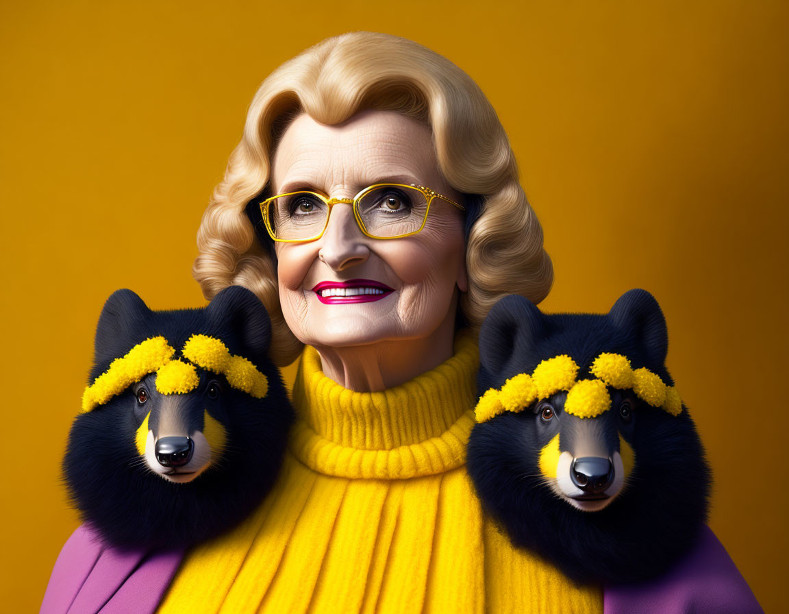 Blonde elderly woman in glasses with stylized creatures on yellow background
