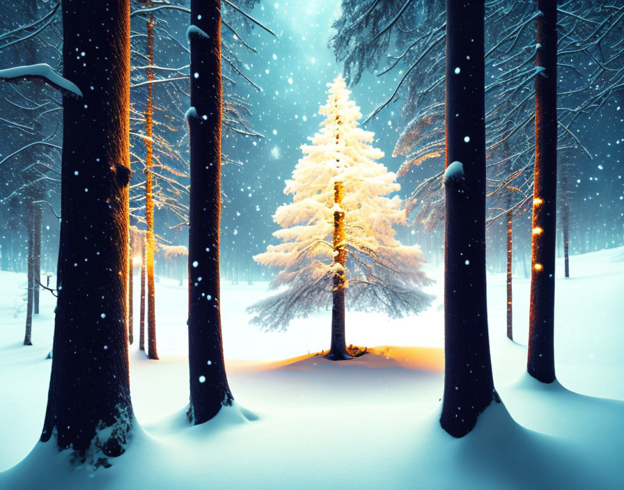 Glowing solitary pine tree in snowy forest at twilight