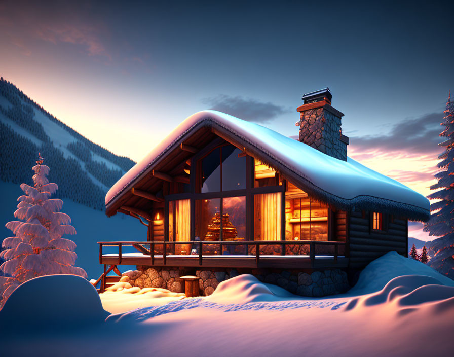 Snow-covered cabin in twilight winter landscape with glowing windows