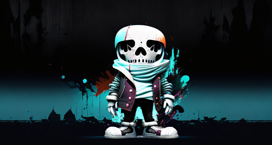 Stylized skeleton character in jacket and sneakers on dark background with colorful splashes