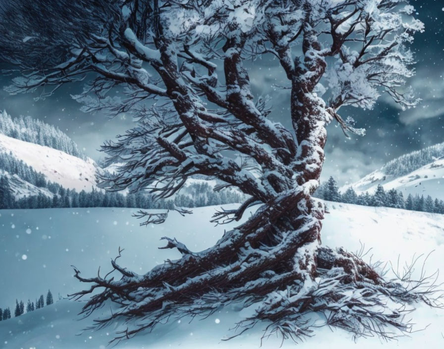 Snow-covered tree in tranquil snowy landscape at night