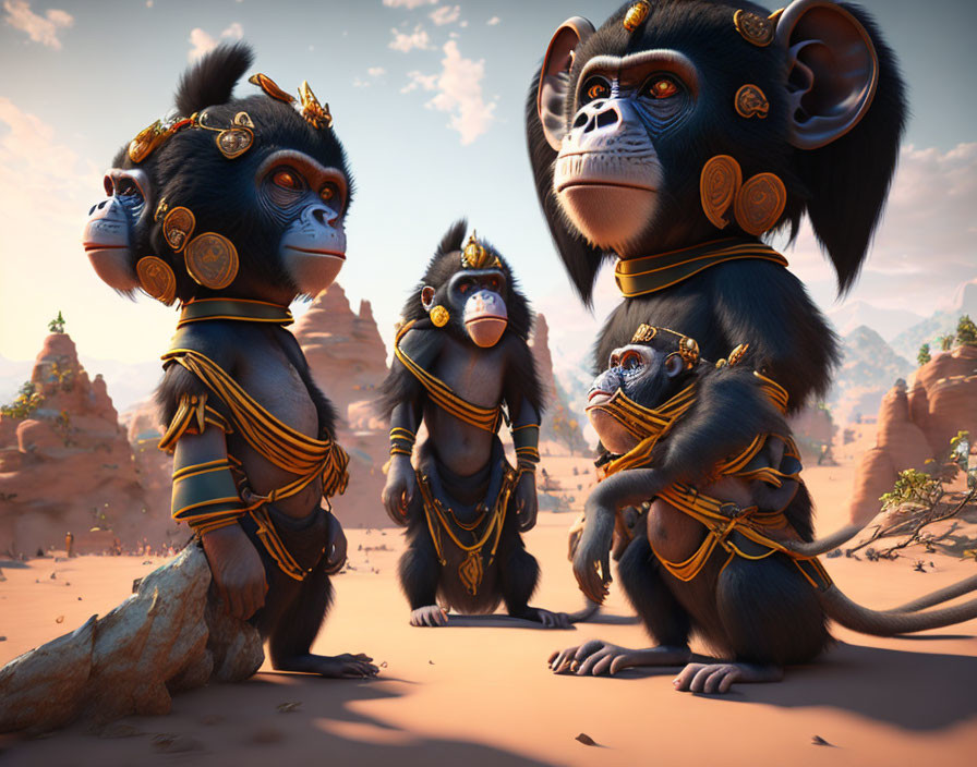 Three animated monkeys with golden jewelry in desert landscape