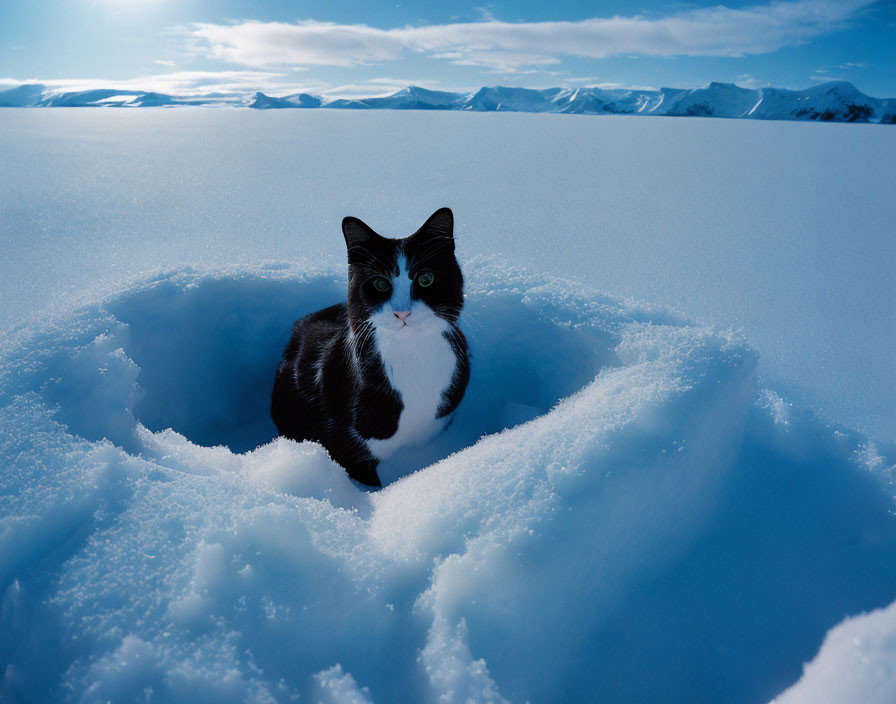 Black and White Cat in Snow Hole with Mountains and Blue Sky