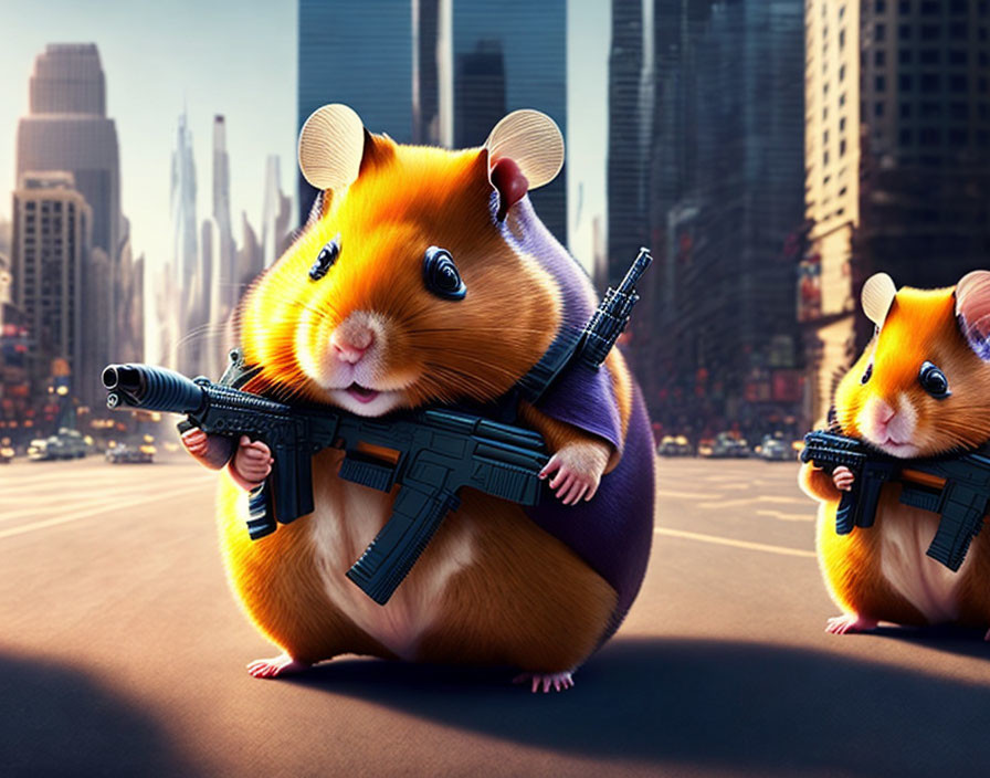 Animated hamsters with black rifles in urban landscape with skyscrapers.