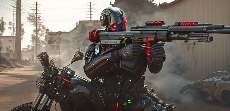 Humanoid Robot with Red Visor and Advanced Rifle in Industrial Setting