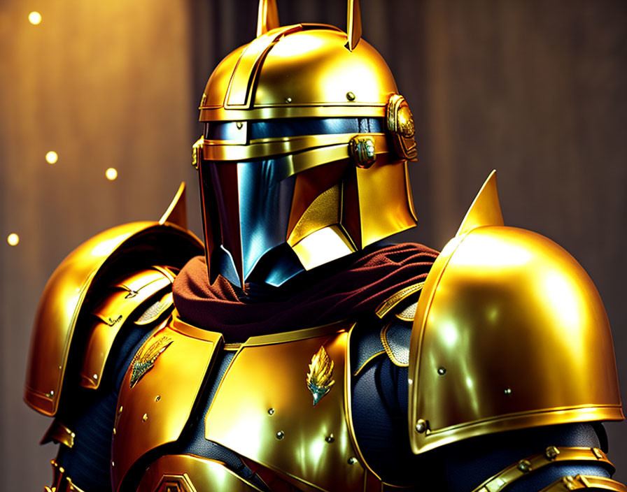 Knight in Golden Armor with Blue Helmet Visor on Dark Background
