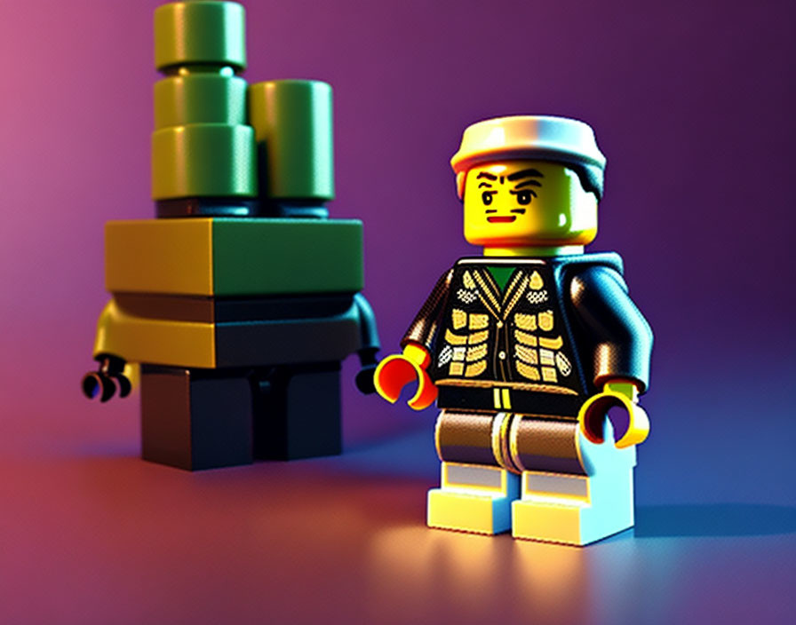 Colorful LEGO Figure with Hat and Stack of Bricks on Gradient Background