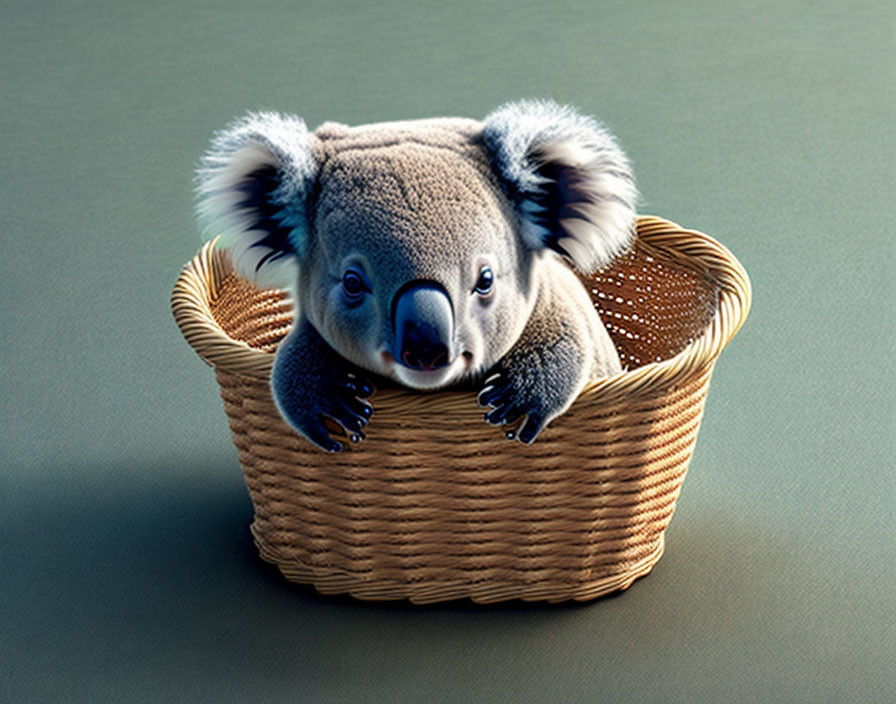 Fluffy Koala in Woven Basket on Green Background