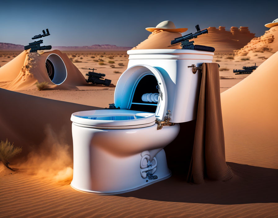 Surreal image: Two toilets with artillery cannons in desert landscape