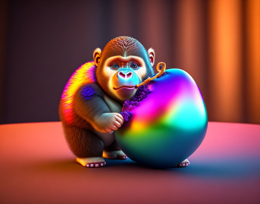 Vibrant 3D Monkey Illustration with Rainbow Fur and Iridescent Orb