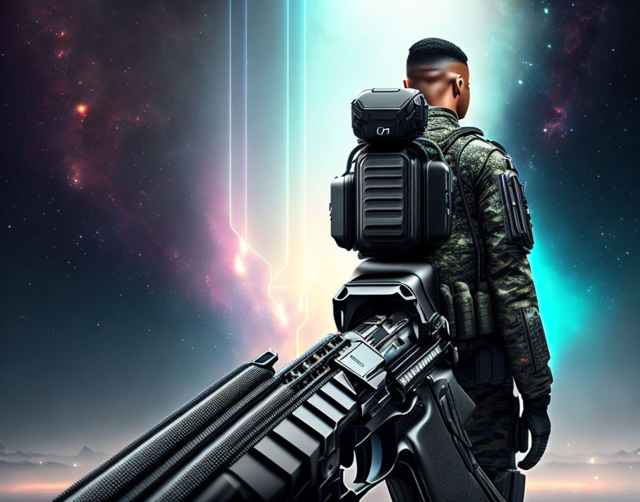 Futuristic soldier with advanced gear and modern rifle under starry sky