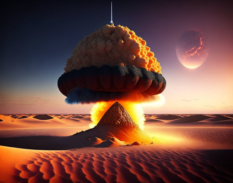 Surreal mushroom cloud explosion over sand dunes with large planet in sky