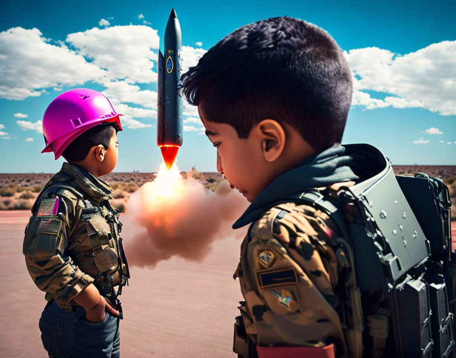Child in military costume watching toy rocket launch in desert landscape