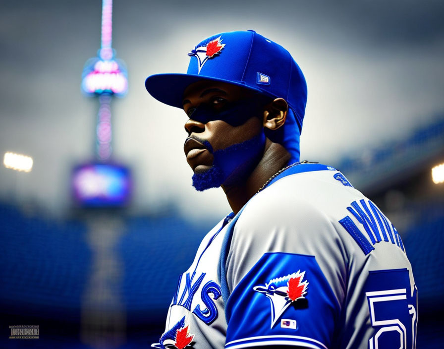 Blue Toronto Blue Jays Baseball Player at Stadium with CN Tower Background