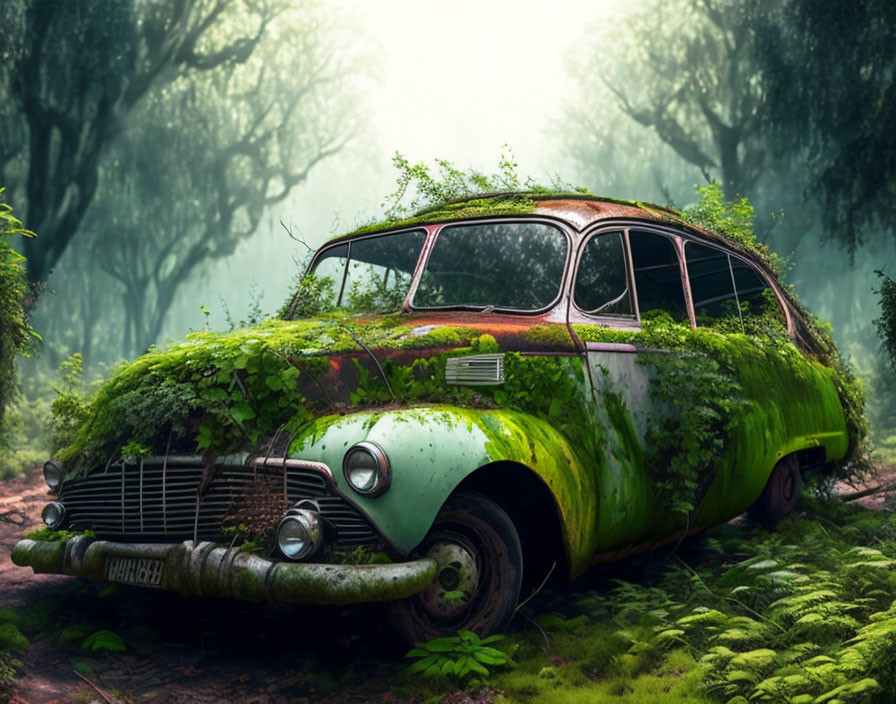 Abandoned car covered in moss and ivy in foggy forest