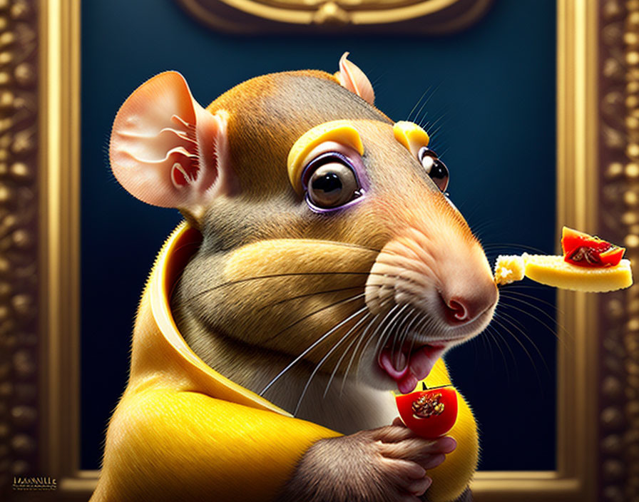 Whimsical anthropomorphic rat enjoying cheese and tomato in yellow outfit