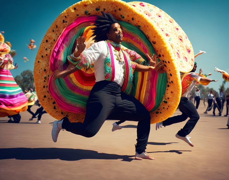 Colorful dancers twirl around person in taco costume under clear sky