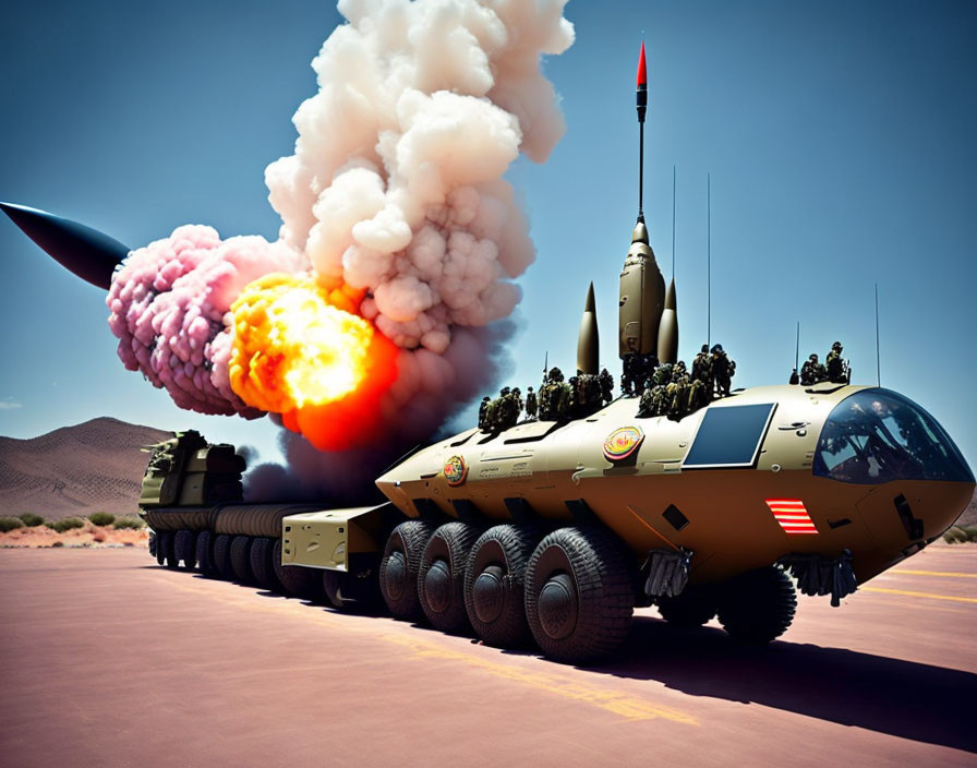 Missile launching from mobile platform in desert landscape