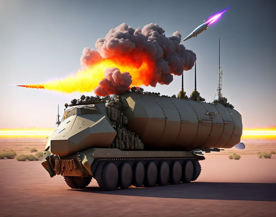 Futuristic tank firing rocket launchers in desert at dusk