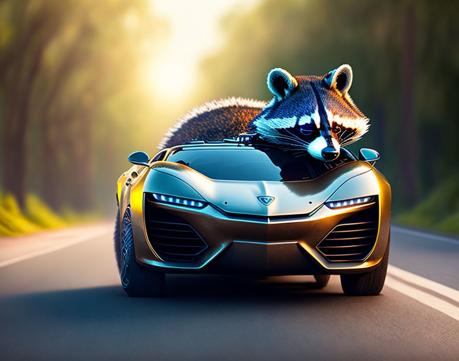 Raccoon in Sports Car Driving Through Forest with Sunlight