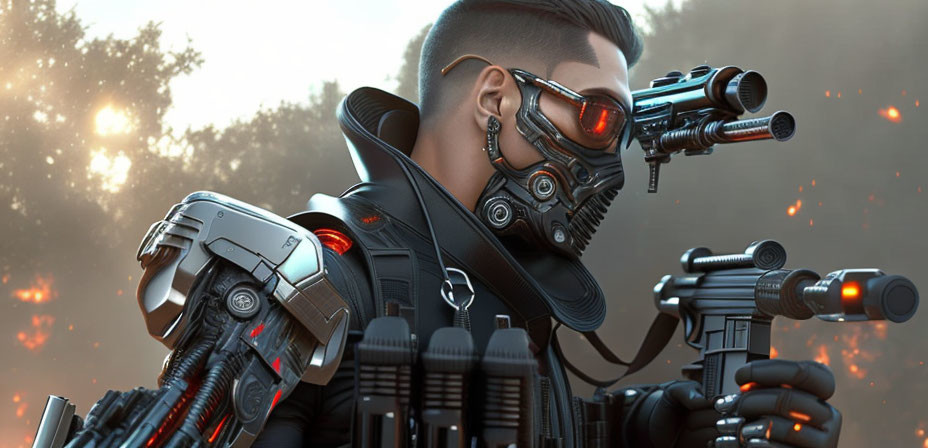 Futuristic cyborg with mechanical arm and eye in fiery battlefield landscape