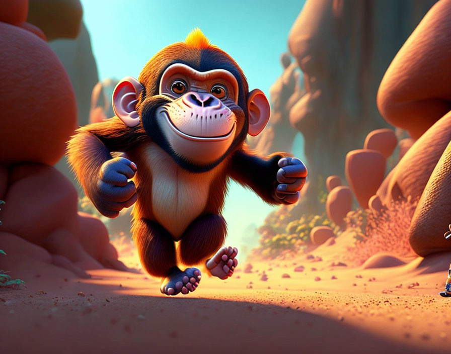Playful 3D animated monkey in desert landscape