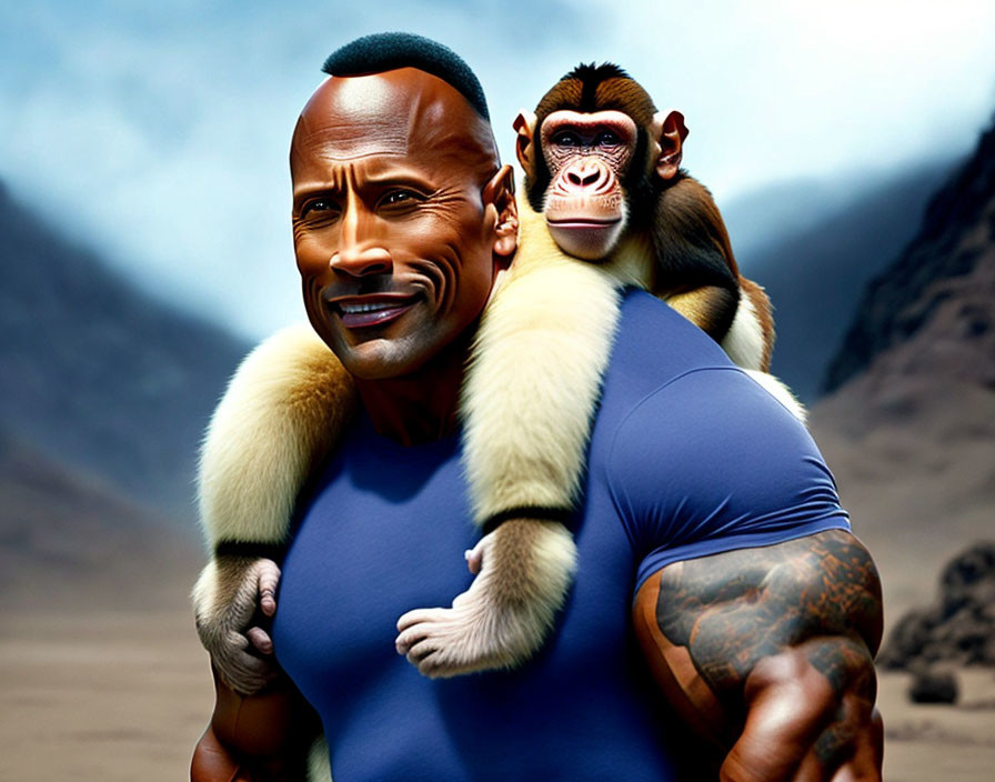 Muscular man with tattoo smiling with monkey on his back against mountainous backdrop