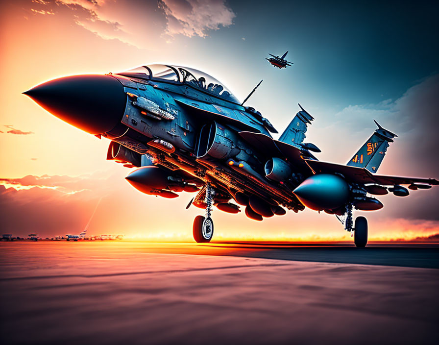 Military fighter jets on runway under vibrant sunset sky