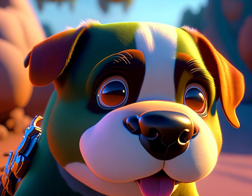 Cartoon dog with big eyes wearing blue collar in autumn scene