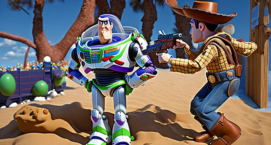 Space ranger and cowboy on sandy playground with toys
