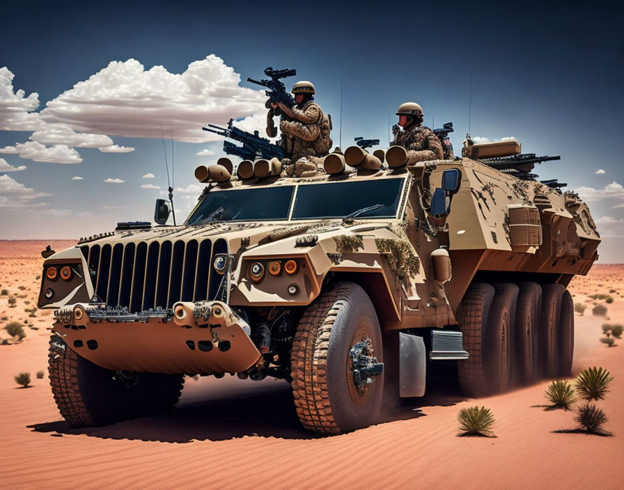 Armored military vehicle and soldiers in desert landscape with blue sky.