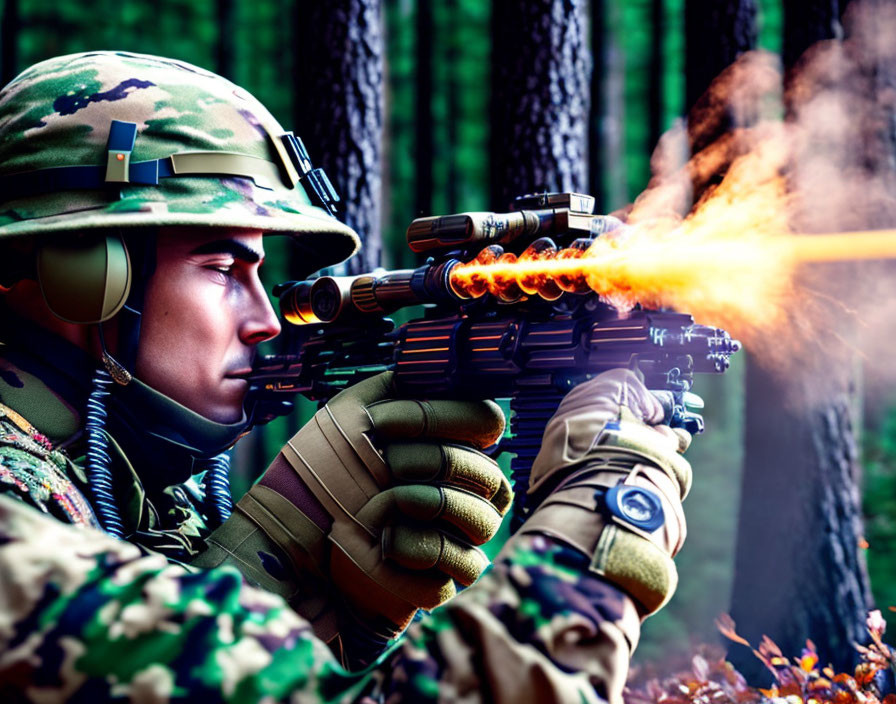 Camouflaged soldier firing rifle in forest scene