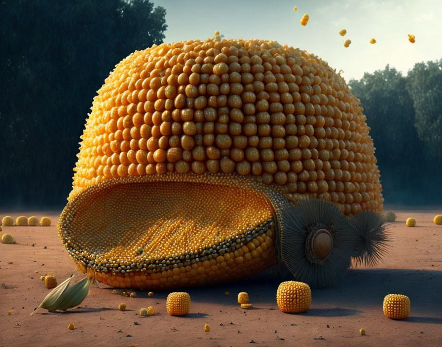 Giant corn cob shelter with scattered kernels in forest setting