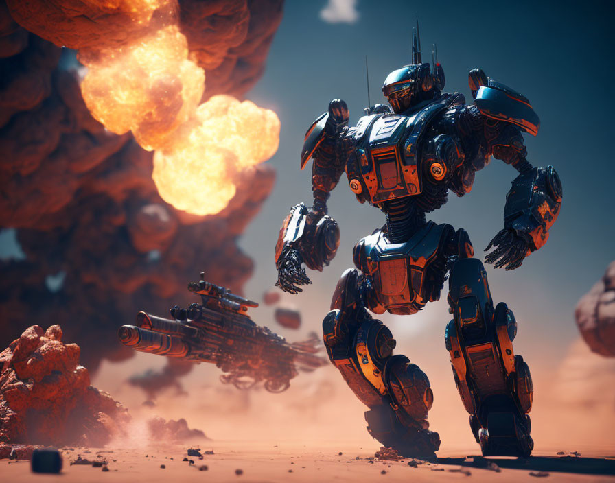 Giant robot in desert landscape with explosions and debris
