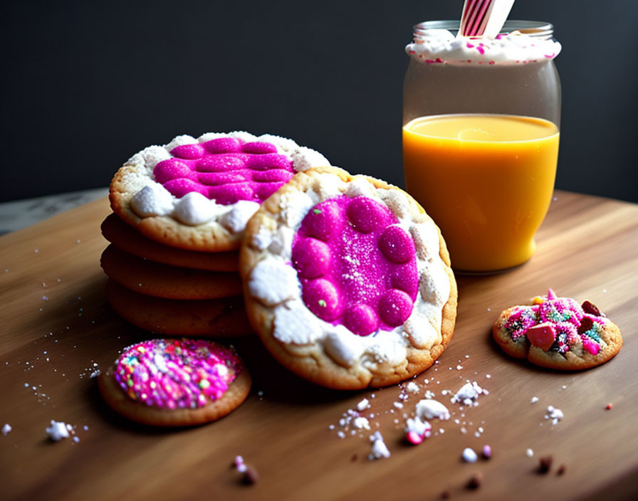 Colorful Frosted Cookies with Milk, Sprinkles, and Orange Juice on Wooden Surface