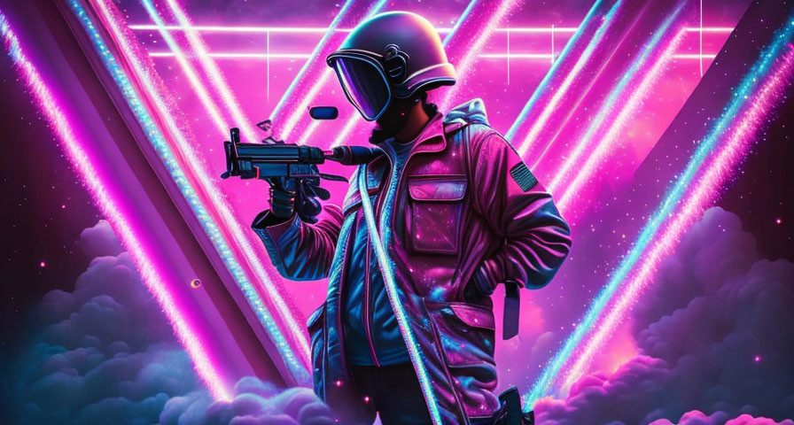 Futuristic person with submachine gun in neon-lit background