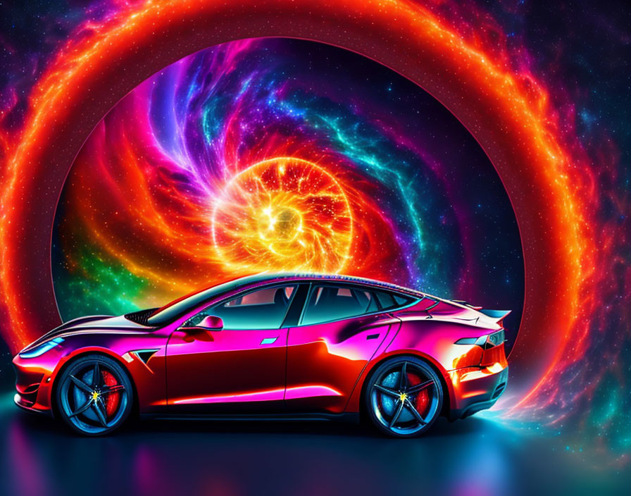 Tesla Ferrari Driving through a wormhole