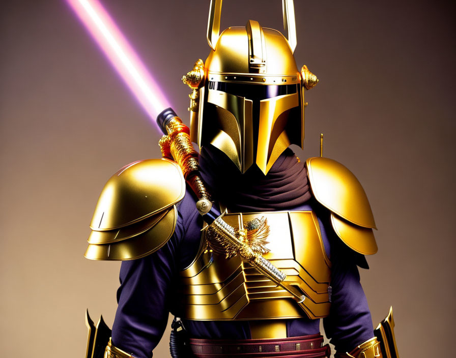 Armor-Clad Samurai Figure with Modern Twist: Golden Helmet, Violet Cape, Pink Sword