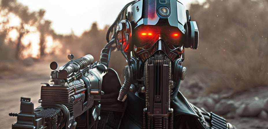 Detailed futuristic robotic head with red glowing eyes and intricate mechanical details in desolate landscape.