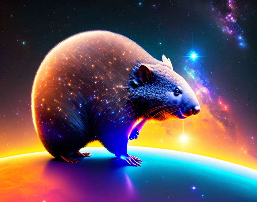 Digitally altered wombat on cosmic background with glowing planet horizon